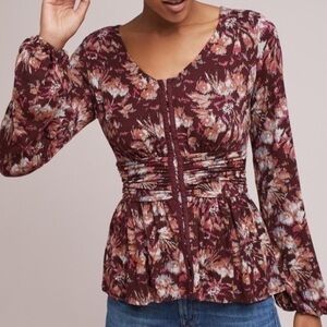 Anthropologie Vanessa Virginia Blouse Floral V Neck Long Sleeve  Corset Top XS